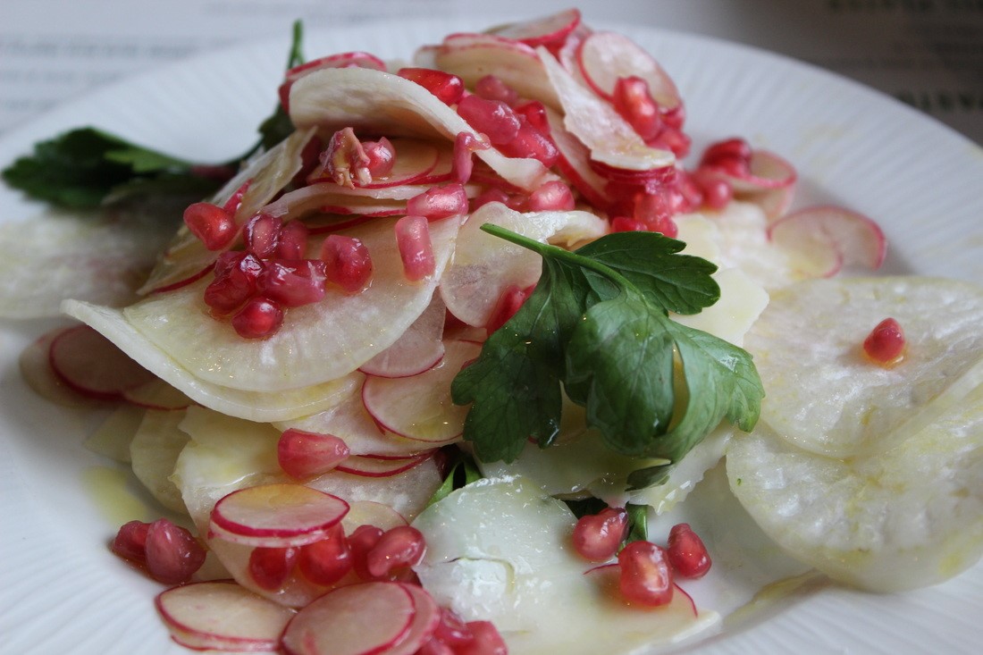 Radish, celeriac, and pomegranate salad